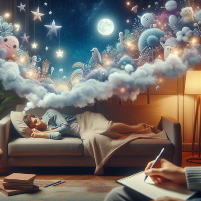 사람이 잠들어 있으며, 꿈의 세계가 펼쳐지는 장면.