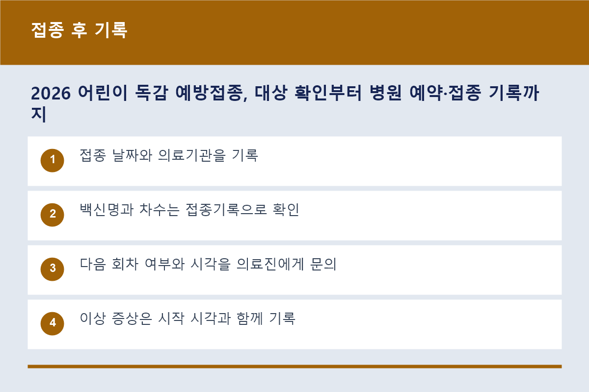 어린이 독감 접종 뒤 부모가 남길 기록 요약표