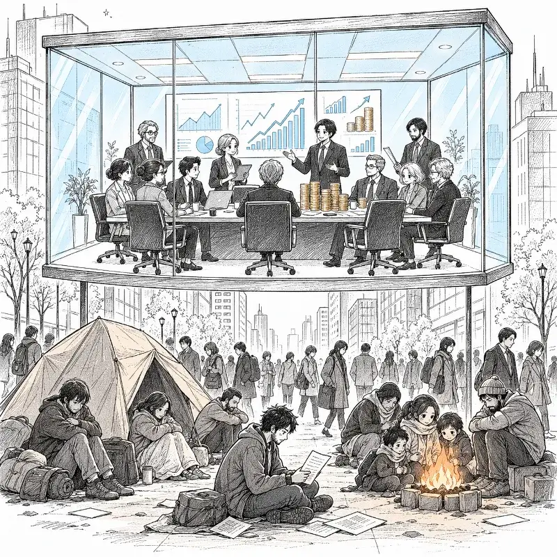 Hand-drawn illustration contrasting executives discussing financial growth in a glass boardroom with struggling families on the city street below.
