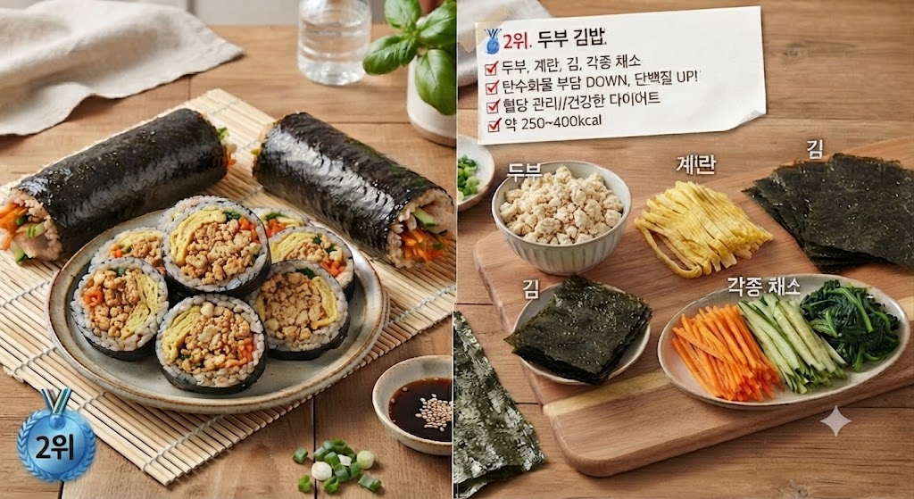다이어트 김밥 순위 2위, 두부 김밥 - 탄수화물 부담을 줄인 두부 속재료와 신선한 채소