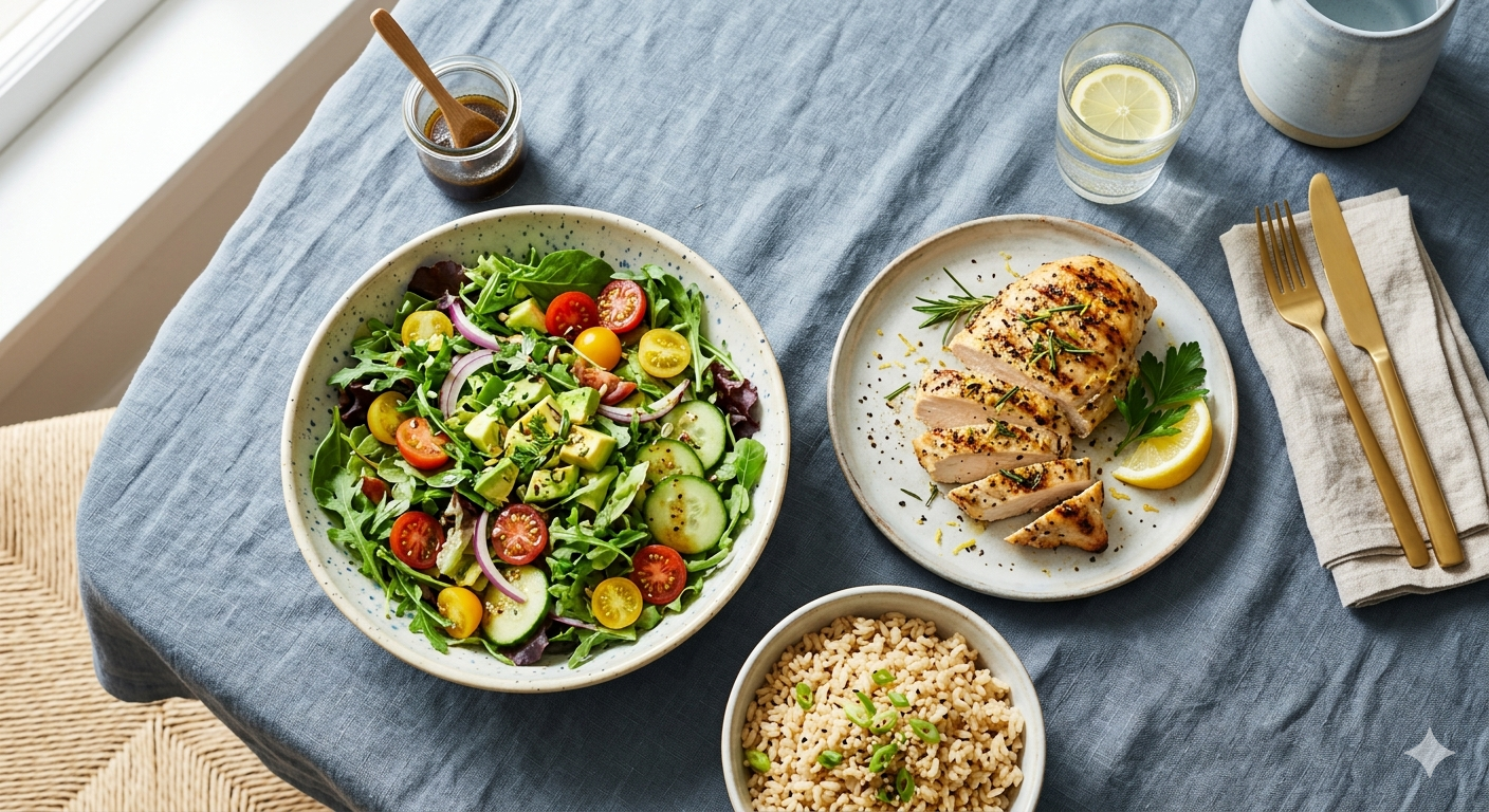A vibrant and healthy dining table top view, showing a fresh green salad, grilled chicken breast, and a small bowl of brown rice, professional food photography, bright natural sunlight, clean blue-grey linen tablecloth, high resolution, minimalist and modern style.