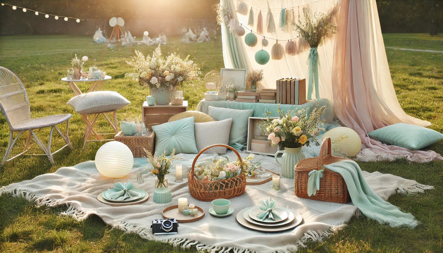An outdoor pastel-themed emotional picnic setup focused on mood and aesthetic styling, set in a grassy park or natural field with soft sunlight and trees in the background