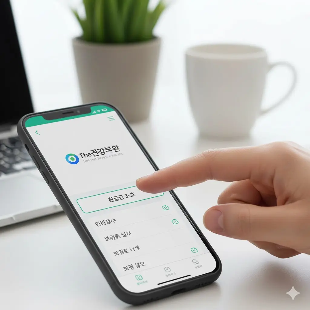 'The건강보험 앱의 환급금 조회 메뉴를 클릭하는 손가락 이미지'