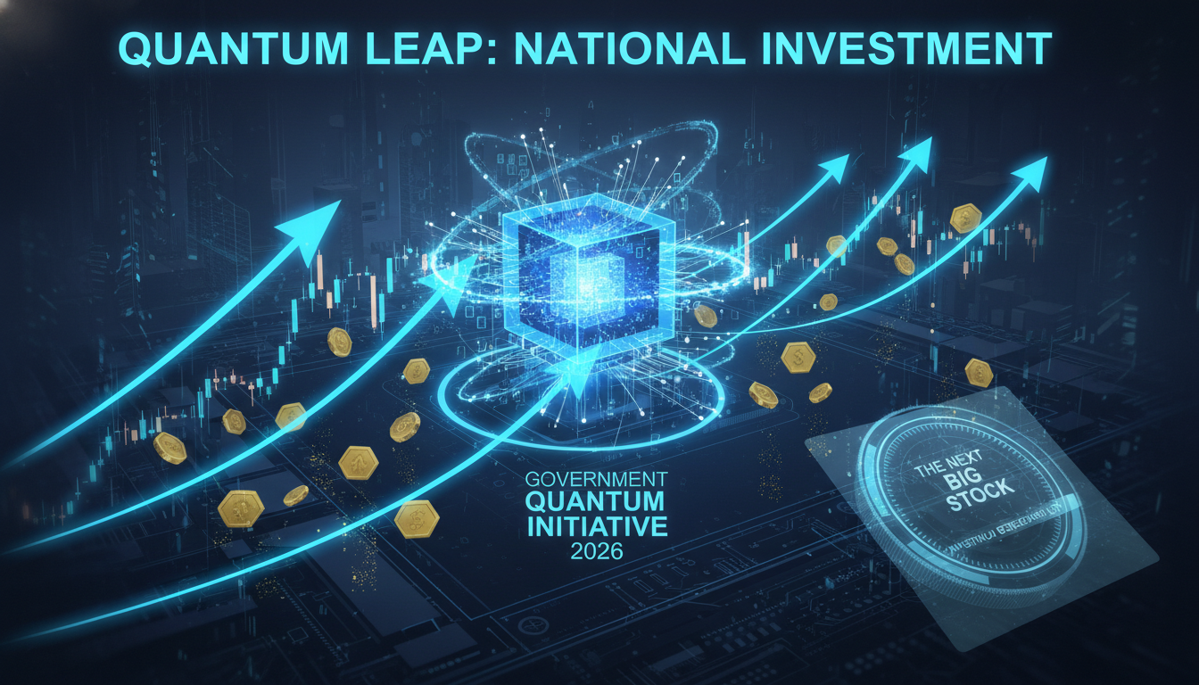 2026년 정부의 조 단위 대규모 투자가 집중되는 양자컴퓨터 기술과 주식 시장의 상승 추세를 표현한 블루 그레이 톤의 3D 일러스트