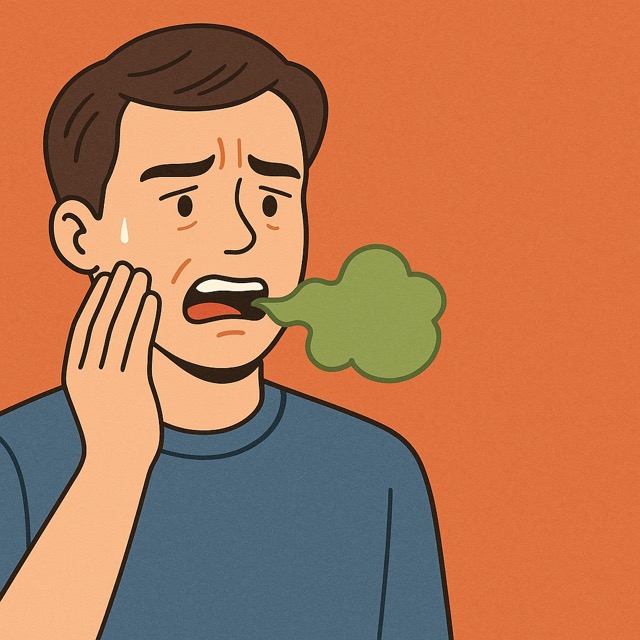 입에서 불쾌한 냄새가 나와 당황하는 남성(출처: 자체제작)