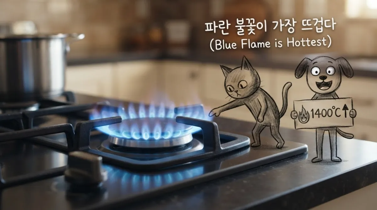 가스레인지 버너에서 완전 연소된 파란 불꽃과 불완전 연소된 노란 불꽃의 비교
