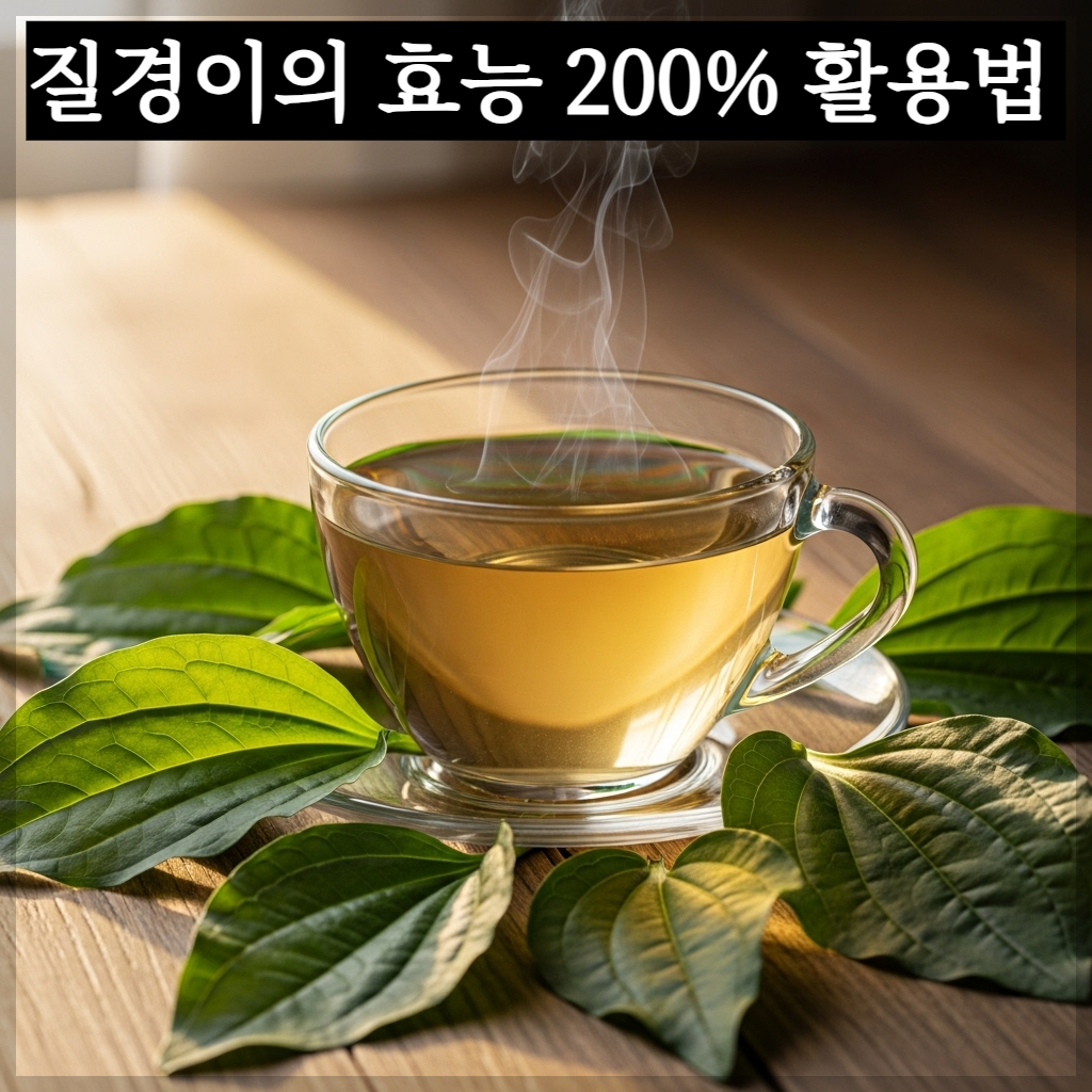 따뜻한 오후 햇살이 비치는 나무 테이블 위에 싱싱한 질경이 잎들과 맑고 연한 황금빛 질경이 차가 담긴 유리잔이 놓여 있으며 주변에 말린 질경이 조각들이 흩어져 있는 편안하고 치유적인 분위기의 실사 이미지