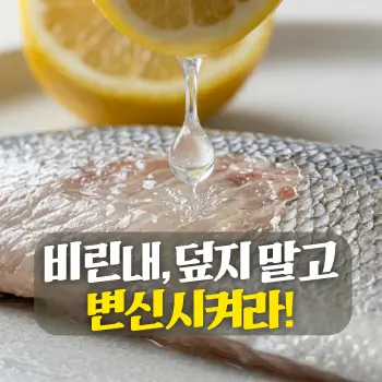 비린내, 덮지 말고 변신시켜라!
신선한 노란 레몬 조각에서 즙이 한 방울 떨어져 생선 살의 표면에 닿는 순간을 포착한 초밀착 클로즈업(Extreme Close-up)