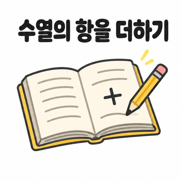 수열의 항을 더하는 급수를 설명하는 문구와 수학 교재 일러스트