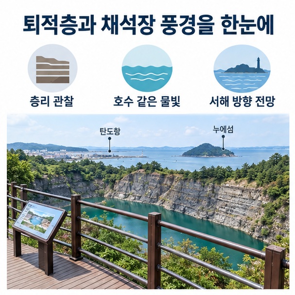 퇴적암 절벽의 층리와 채석장 물빛, 탄도항과 누에섬 방향 전망을 표현한 이미지