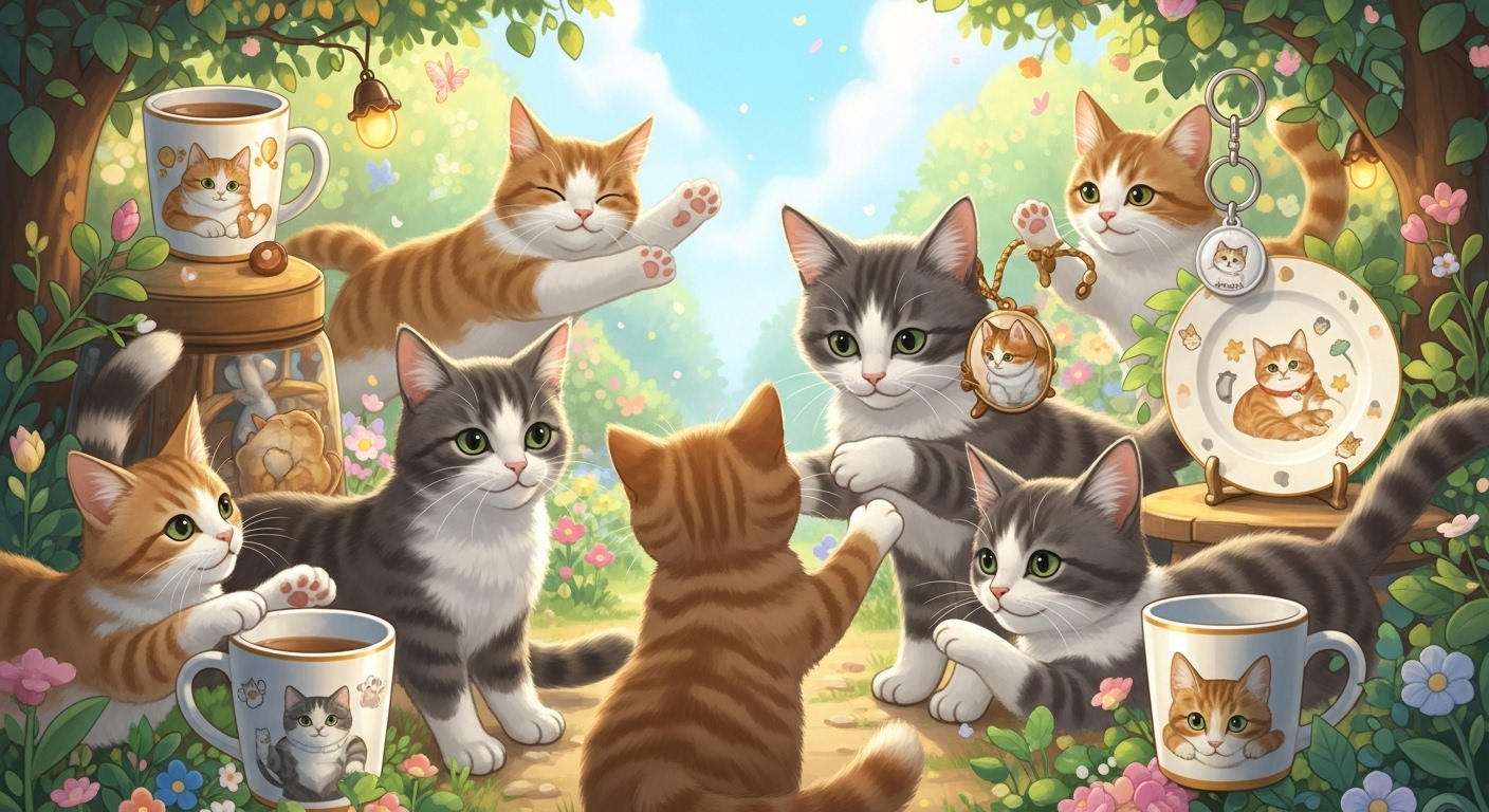 고양이 정원 박정원 작가의 아기자기한 동화풍으로 그려진, 다양한 고양이들이 뛰어노는 정원과 고양이 굿즈(컵, 키링)들