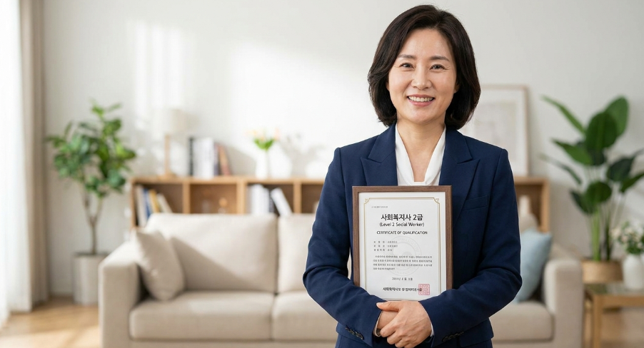 밝게 웃으며 사회복지사 2급 자격증 자격증을 손에 쥐고 있는 40대 여성