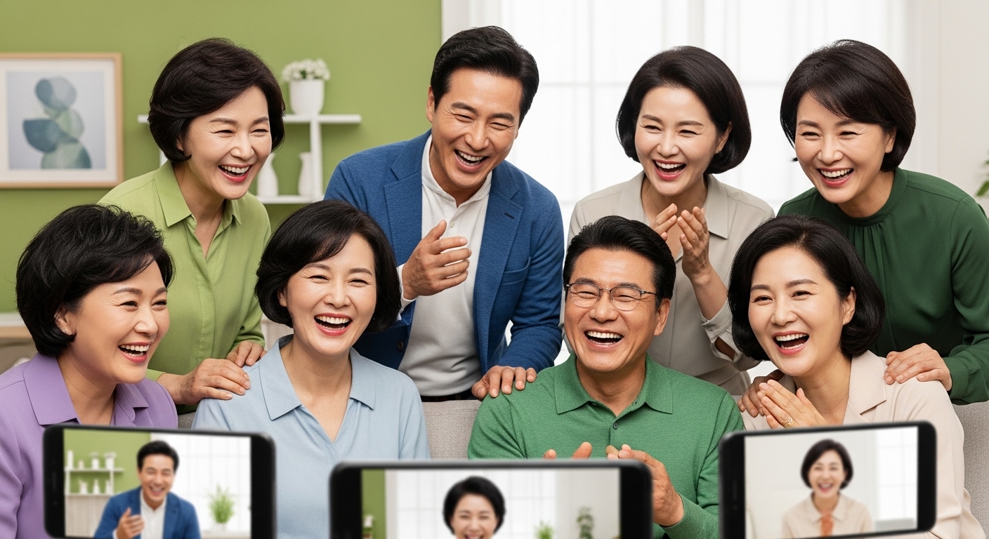 스마트폰과 영상 통화로 즐겁게 소통하며 디지털 연결성을 강조하는 중년 그룹.