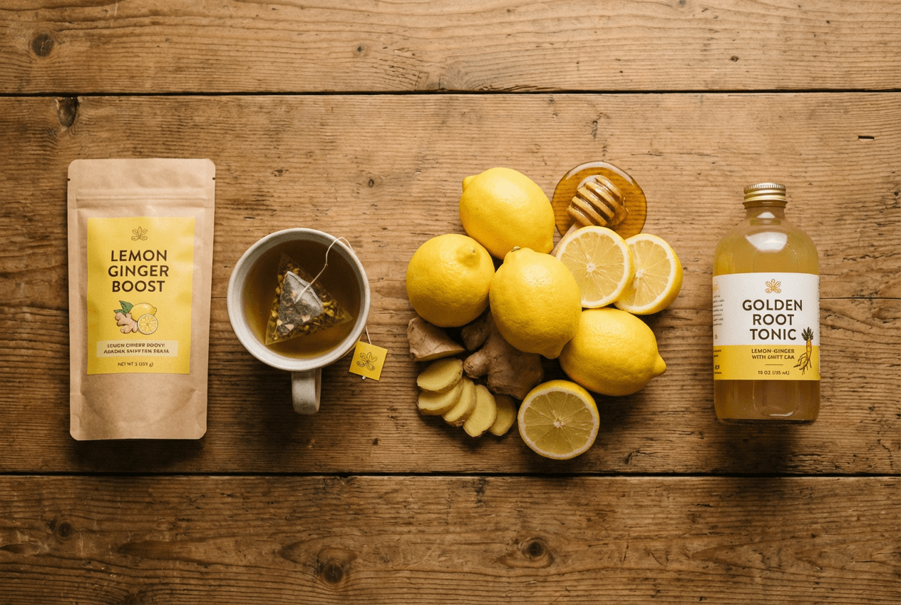 레몬과 생강을 가운데 두고 스틱 파우치, 티백, 병음료 세 가지 형태의 레몬 생강 제품을 나란히 놓은 비교 이미지