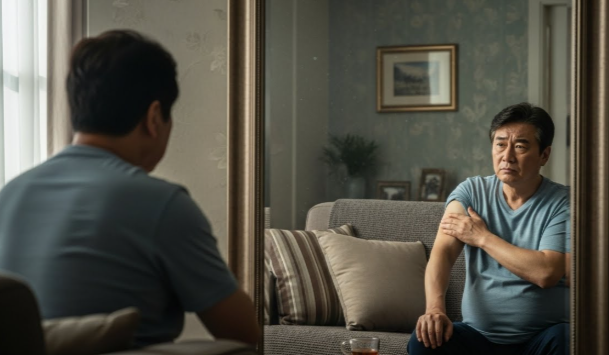 50대 중년 남성이 자신의 몸을 바라보며 근육 감소와 노화를 실감하는 듯한 고민스러운 모습