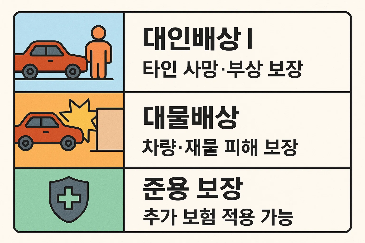 자동차 책임보험의 기본 보장항목으로 대인배상과 대물배상을 설명하는 인포그래픽 이미지로, 타인 사망·부상 보장과 차량 및 재물 피해 보장 범위를 상세히 나타냅니다.