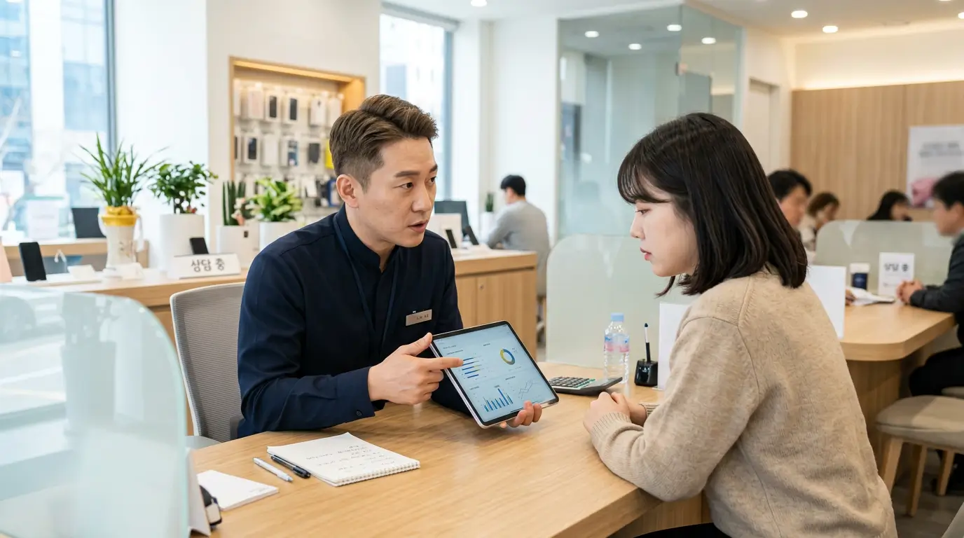 휴대폰 대리점 내부에서 40대 남성 직원이 태블릿 피씨로 20대 여성에게 통신 등급 산출 과정을 설명하는 장면
