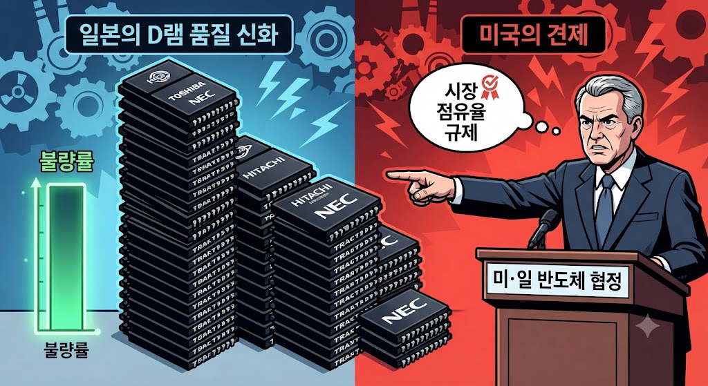 화면 왼쪽에는 일본 도시바, 히타치 로고가 새겨진 D램 칩들이 미국 제품보다 품질이 우수함을 나타내는 '낮은 불량률' 그래프와 함께 높게 쌓여있습니다. 오른쪽에서는 미국 정부 관리가 '미·일 반도체 협정' 문서를 들고 일본의 급성장을 심각한 표정으로 견제하는 모습을 상징적으로 표현했습니다.