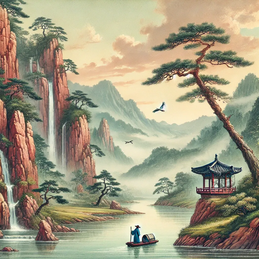 A serene Korean landscape inspired by classical poetry, featuring a flowing river with a lone scholar on a small boat. The scene includes towering red