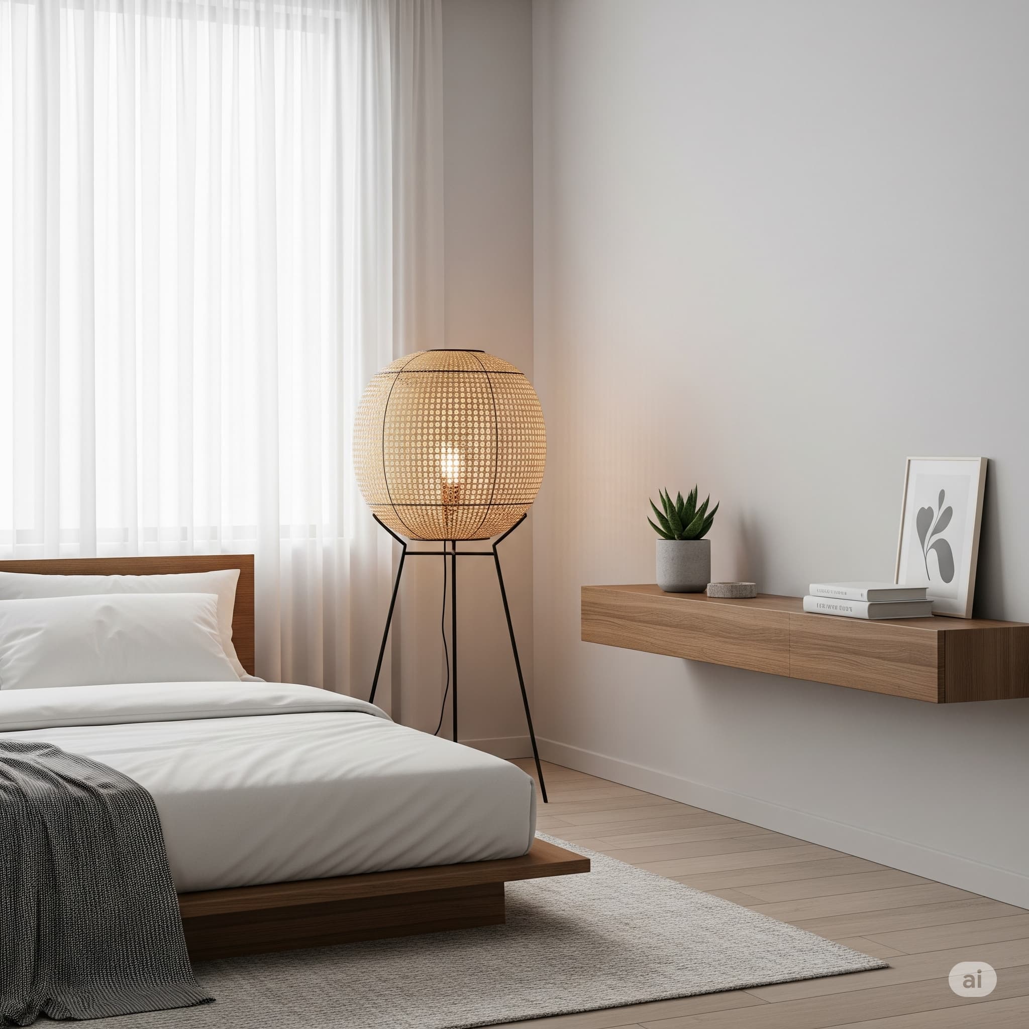 라탄 스탠드 조명과 우드 선반이 어우러진 미니멀 인테리어 침실