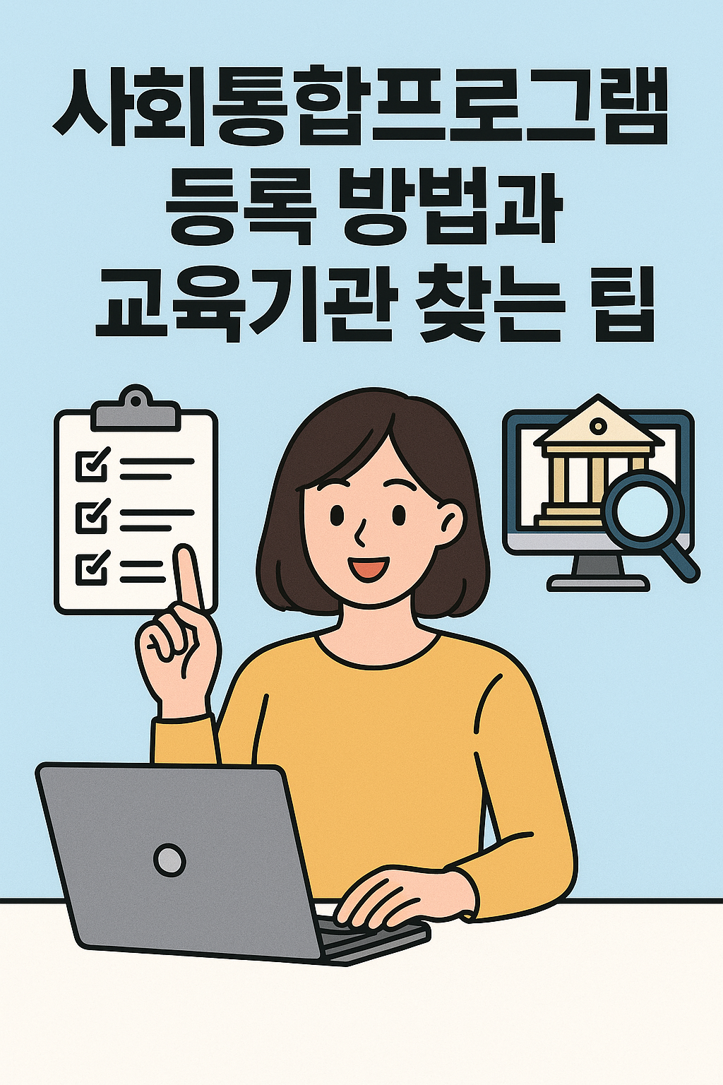 사회통합프로그램 등록 방법과 교육기관 찾는 팁을 설명하는 블로그 썸네일 일러스트 이미지. 노트북 앞에 앉은 여성 캐릭터가 손가락을 들어 설명하는 포즈를 취하고 있으며, 왼쪽에는 체크리스트가 그려진 클립보드 아이콘, 오른쪽에는 건물 아이콘과 돋보기가 있는 컴퓨터 화면이 함께 배치되어 있음. 배경은 밝은 하늘색으로, 상단에 굵은 검정 글씨로 제목이 큼직하게 적혀 있음.