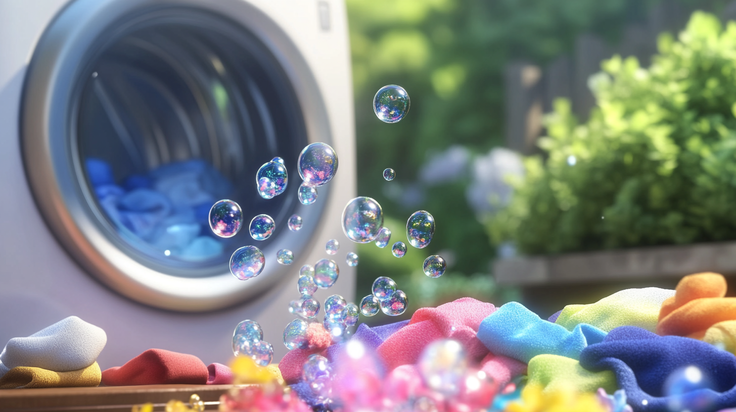 삼성의 TurboWash 기술이 작동 중인 모습을 가까이에서 촬영, 생동감 있는 거품들이 색이 다양한 옷에서 얼룩을 효과적으로 제거하는 장면.