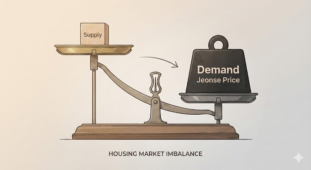 부동산 공급 부족과 전세 수요 증가로 인한 가격 상승 압력을 표현한 저울 일러스트