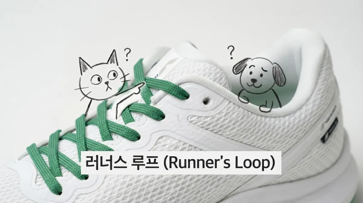 러닝화 맨 위쪽 남는 구멍에 끈을 끼워 러너스 루프를 만드는 모습