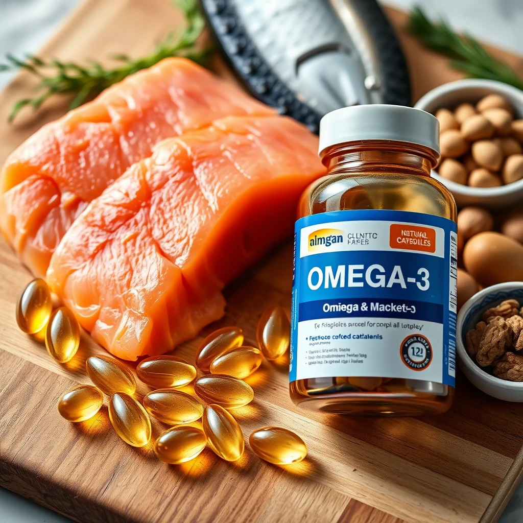 오메가3 캡슐과 생선이 도마위에 있는 모습