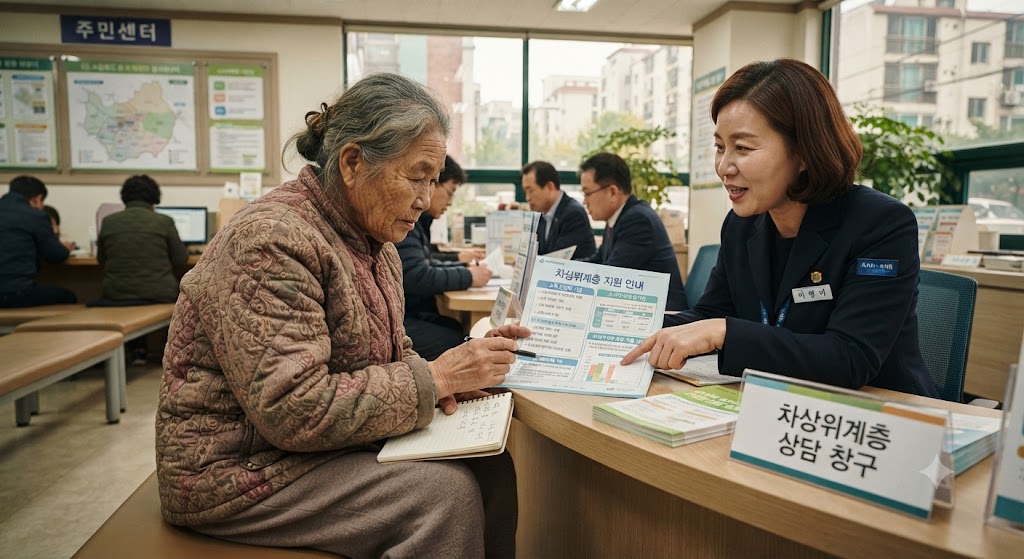 주민센터에서 차상위계층이 맞는지 상담받는 할머니
