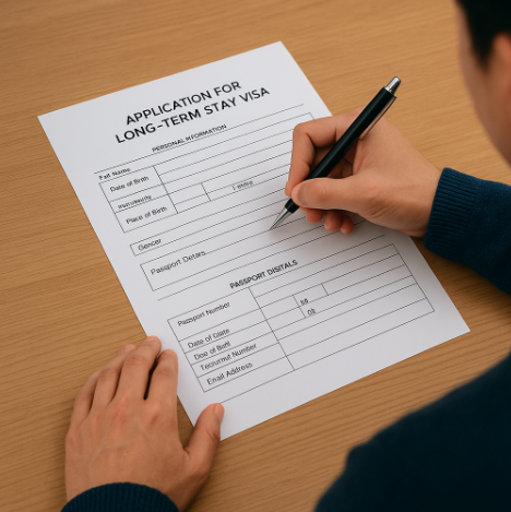 장기비자 전환을 위해 신청서를 작성하는 모습입니다.
\