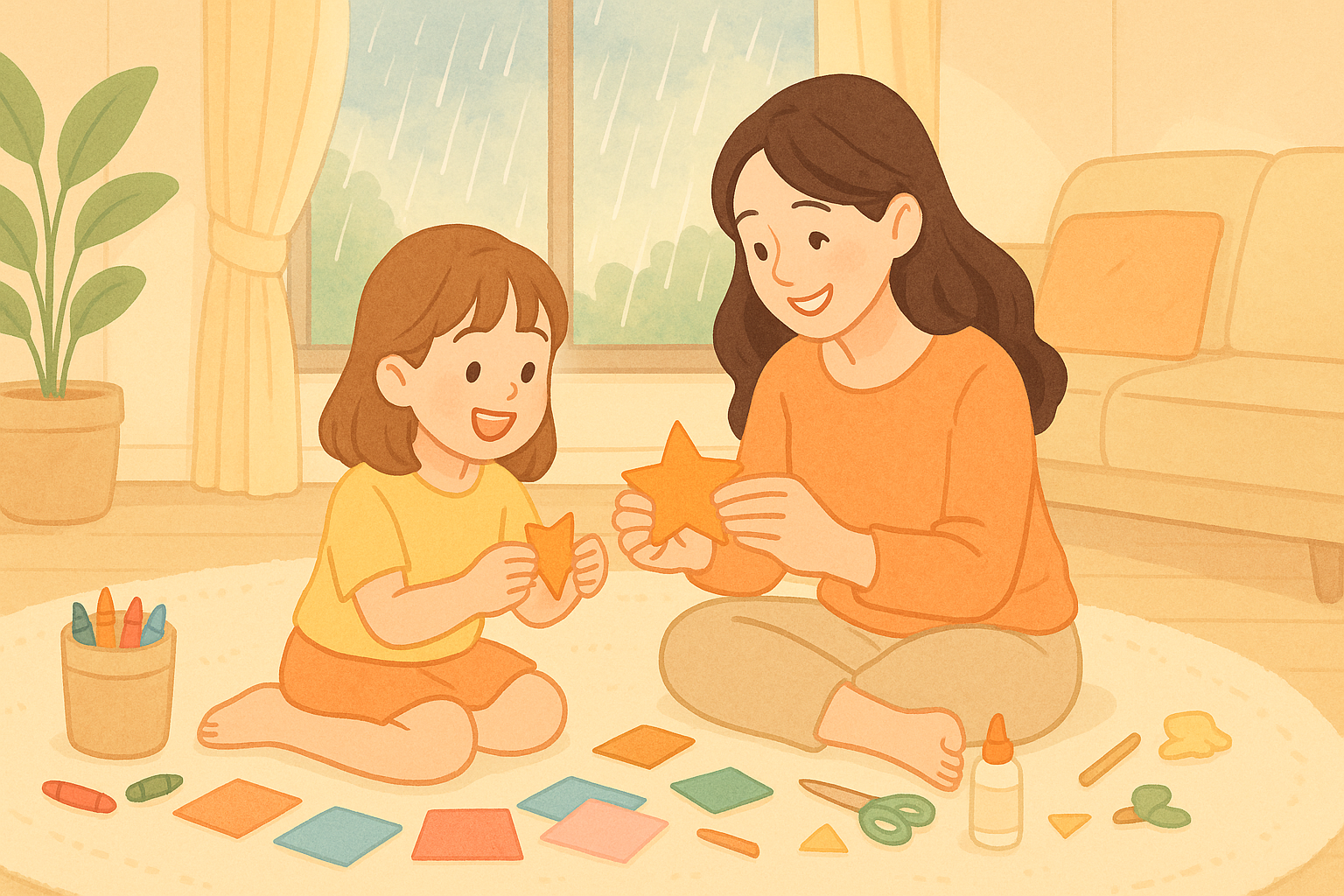 장마철 집안에서 엄마와 아이가 함께 즐겁게 놀고 있는 따뜻한 장면