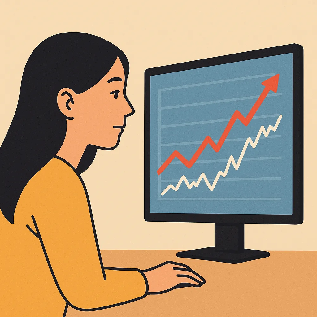 주식 그래프를 모니터로 분석하는 여성의 옆모습 일러스트