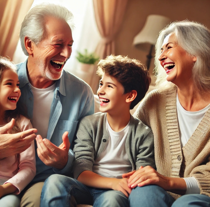 손자 손녀와 함께 행복해하는 어르신 부부사진