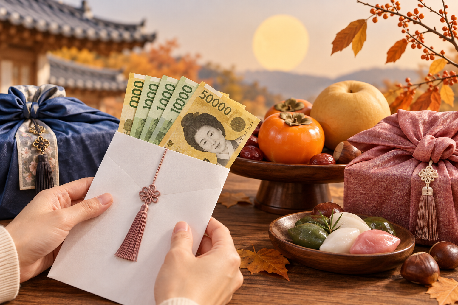추석명절 지원금 신청 및 지자체별 지급 대상 안내
추석 명절을 앞두고 명절 음식과 선물을 준비하고 지원금을 확인하는 상황을 표현한 AI 이미지