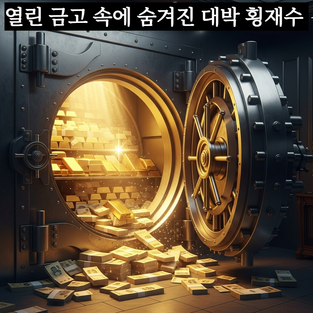 굳게 닫힌 강철 금고 문이 활짝 열려 있고 그 안에 금괴와 돈다발이 찬란하게 빛나고 있는 신비로운 일러스트