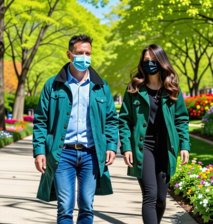 마스크를 착용한 남녀가 걸어가고 있습니다.