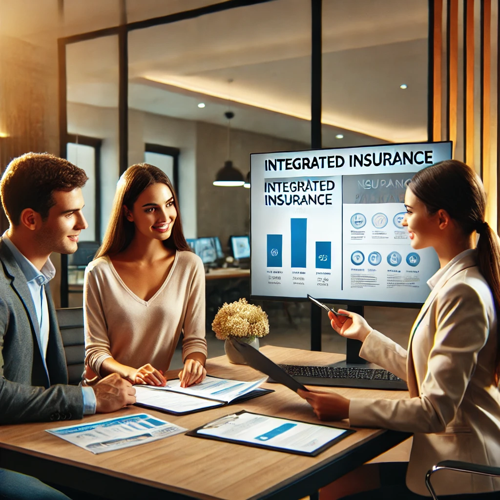 보험 설계사가 현대적인 사무실에서 젊은 부부에게 통합 보험 상품을 설명하는 모습. 부부는 여성이 메모를 하며, 남성은 질문을 하는 등 집중하고 있음. 따뜻한 조명 아래에서 전문적인 분위기