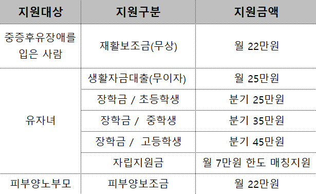 자동차사고 피해지원 내용을 담은 사진입니다. 지원대상 별 지원 금액의 내용을 담았습니다.