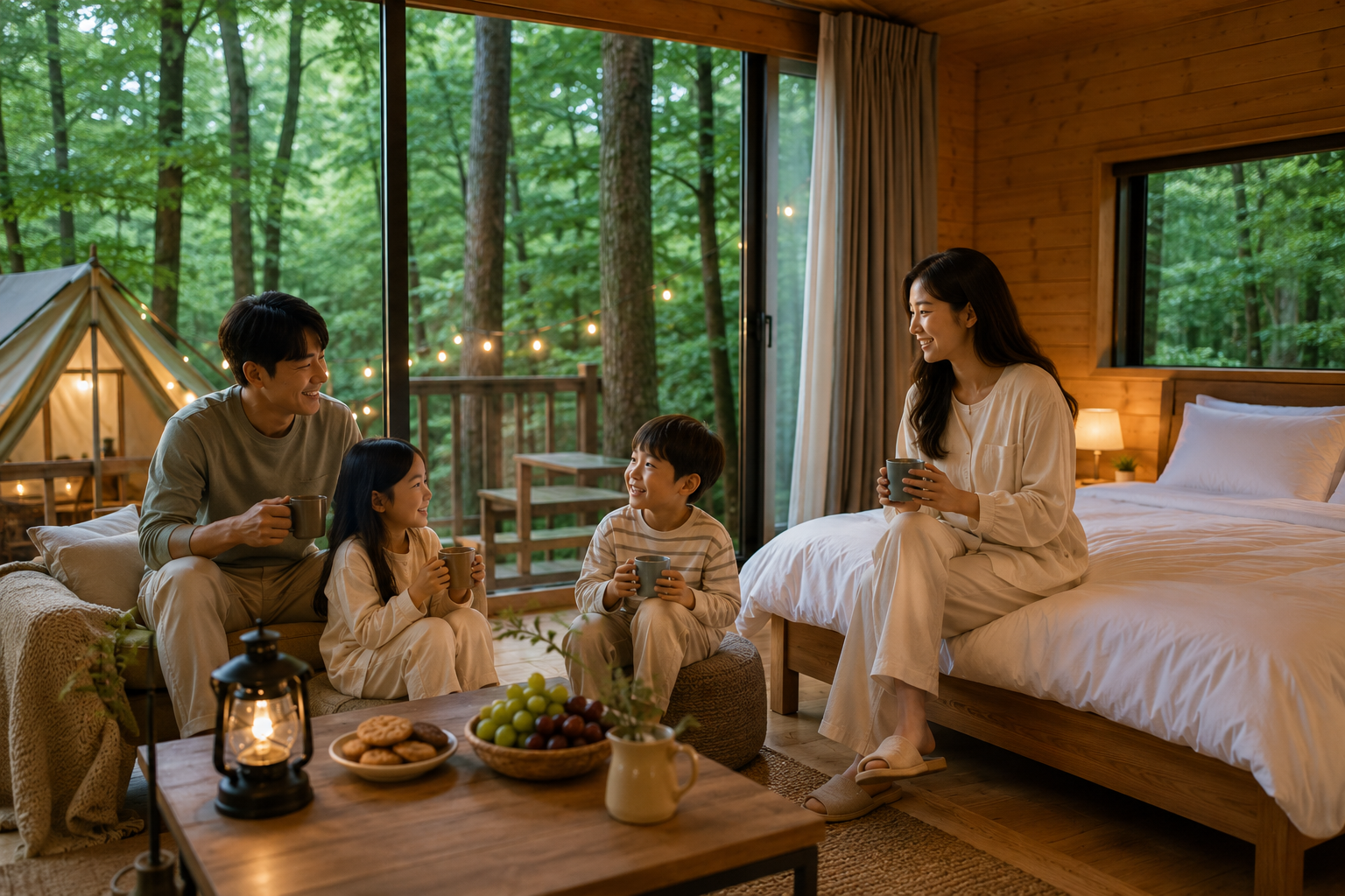 국내 숲속 숙소에서 가족이 따뜻한 조명 아래 휴식을 즐기며, 큰 창밖으로 푸른 숲과 글램핑 텐트가 보이는 자연 치유형 가족여행 이미지