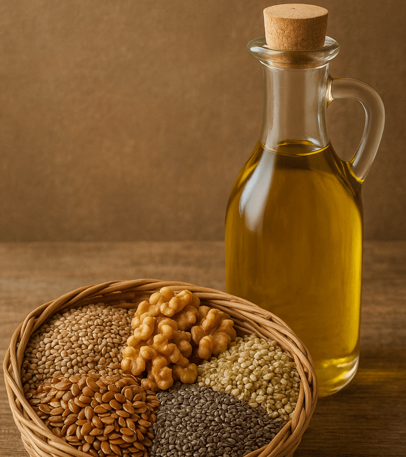 오메가3가 풍부한 견과류와 씨앗들이 바구니에 담겨 있고 그 옆에 들기름병이 있는 모습