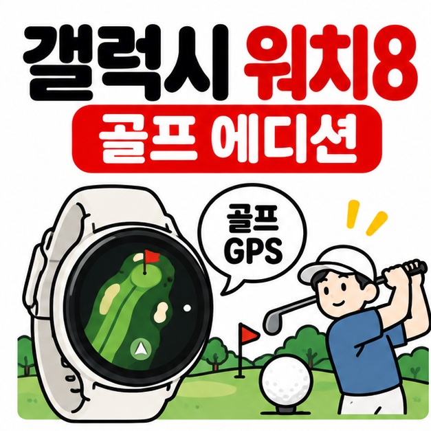 갤럭시 워치와 골프공 골프 홀 아이콘 옆에 갤럭시 워치8 골프 에디션 문구를 크게 보여주는 대표 카드
