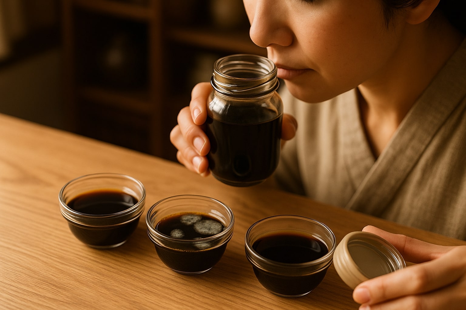 한국 주방에서 간장의 냄새를 맡는 인물의 코 클로즈업 장면