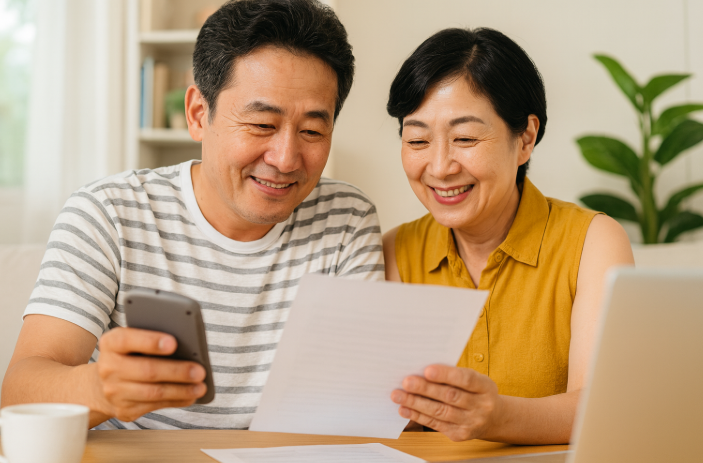 전기요금 고지서를 보며 함께 미소 짓는 부모님의 모습
