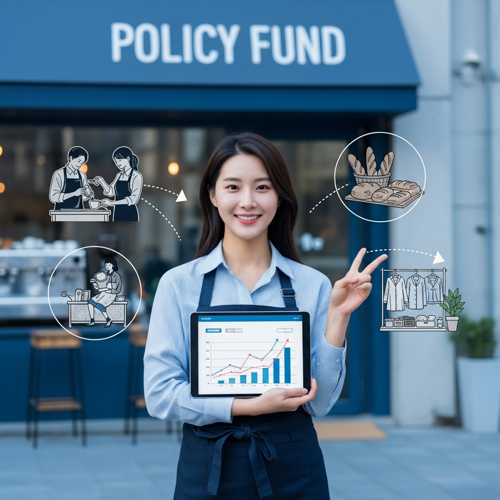 환하게 웃는 젊은 한국인 여성 소상공인이 성공적인 사업 운영을 상징하는 태블릿을 들고 서 있는 모습. 배경에는 카페, 빵집 등 다양한 소상공인 사업장이 어우러져 있다. 정책자금 신청 성공을 통한 성장과 안정을 표현한다.