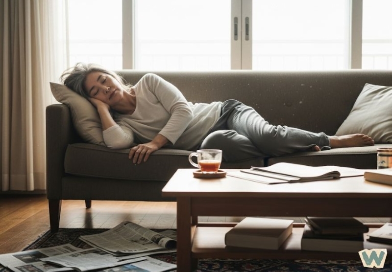 소파에서 피곤하게 잠든 중년 여성 via canva