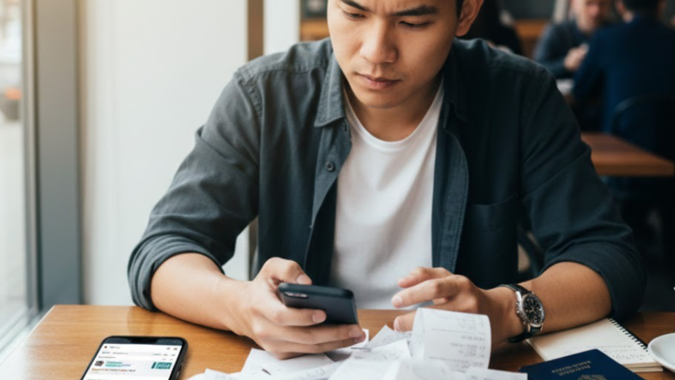 쇼핑 영수증을 보며 부가세 환급 방법에 대해 고민하는 외국인 관광객.