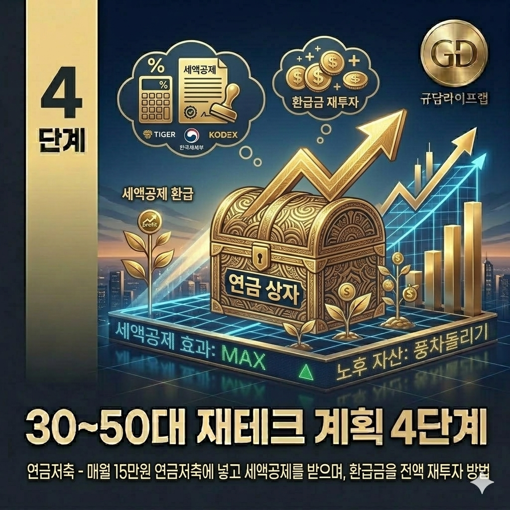 3050 재테크 4단계 연금저축 전략 썸네일. 금색 보물 상자 위로 상승 화살표가 그려져 있고, 주변에 '세액공제', '환급금 재투자' 말풍선과 TIGER, KODEX 로고가 배치됨. 하단에는 '30~50대 재테크 계획 4단계' 문구와 월 15만원 투자 상세 내용이 적혀 있음.