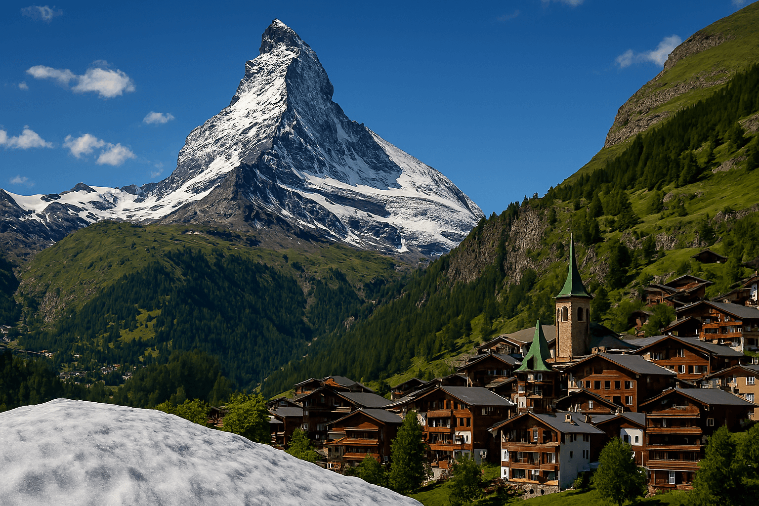 뾰족한 봉우리가 인상적인 마테호른을 배경으로&amp;#44; 아기자기한 목조 가옥들이 옹기종기 모여 있는 체르마트 마을 전경. 평화롭고 아름다운 스위스의 상징적인 풍경이다.