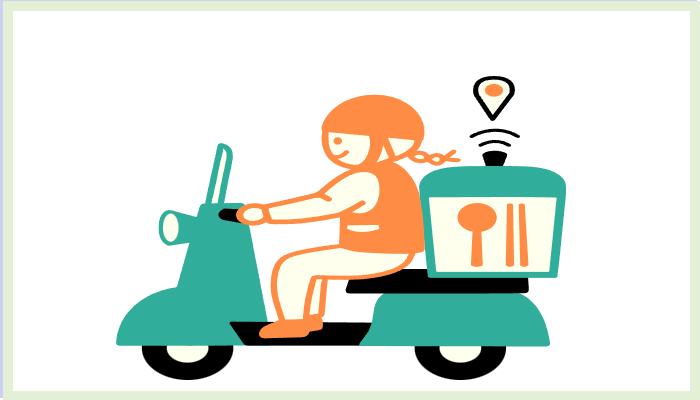 식사를 배달하는 라이더가 지도 위치와 연결된 상태로 오토바이를 타고 있는 장면을 단순한 색감으로 표현한 일러스트 이미지로, 공공배달앱 주문과 소비쿠폰 혜택을 나타냅니다